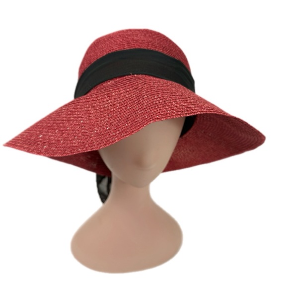 Red Sun Hat with Black Ribbon - Picture 2 of 6